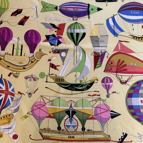 HERMES Vintage Les Folies du Ciel Yellow 90 cm Silk Square Scarf Box Good RARE - Picture 7 of 16